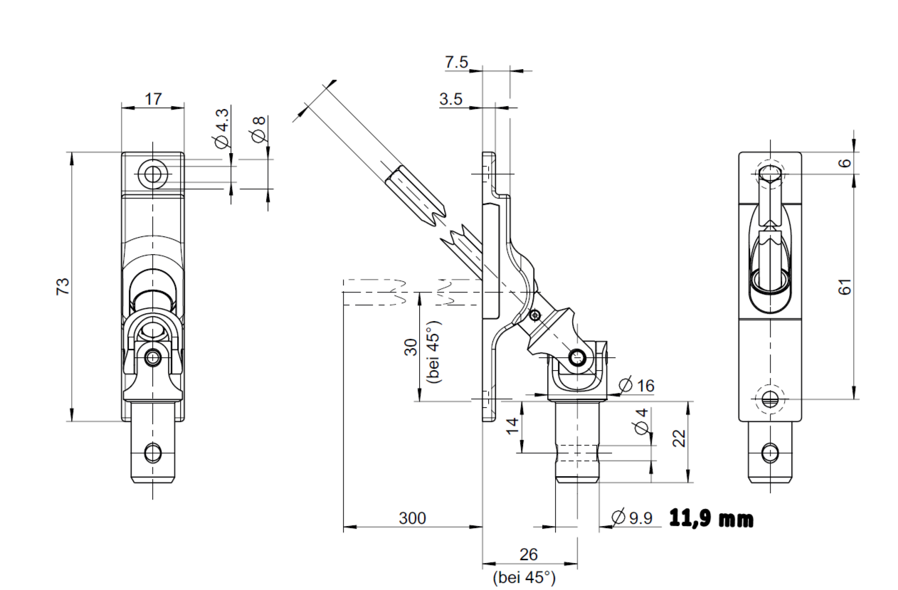 Fertige Rollladenkurbel / Jalousienkurbel Kurbelstange mit 45° Gelenklager 17x73mm