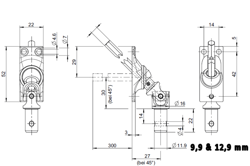 Fertige Kurbelstange mit 45° Gelenklager 22x52mm 3-Loch-Ausführung