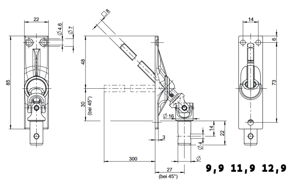 22x85mm 45 Grad Gelenklager  3 Loch-Ausführung