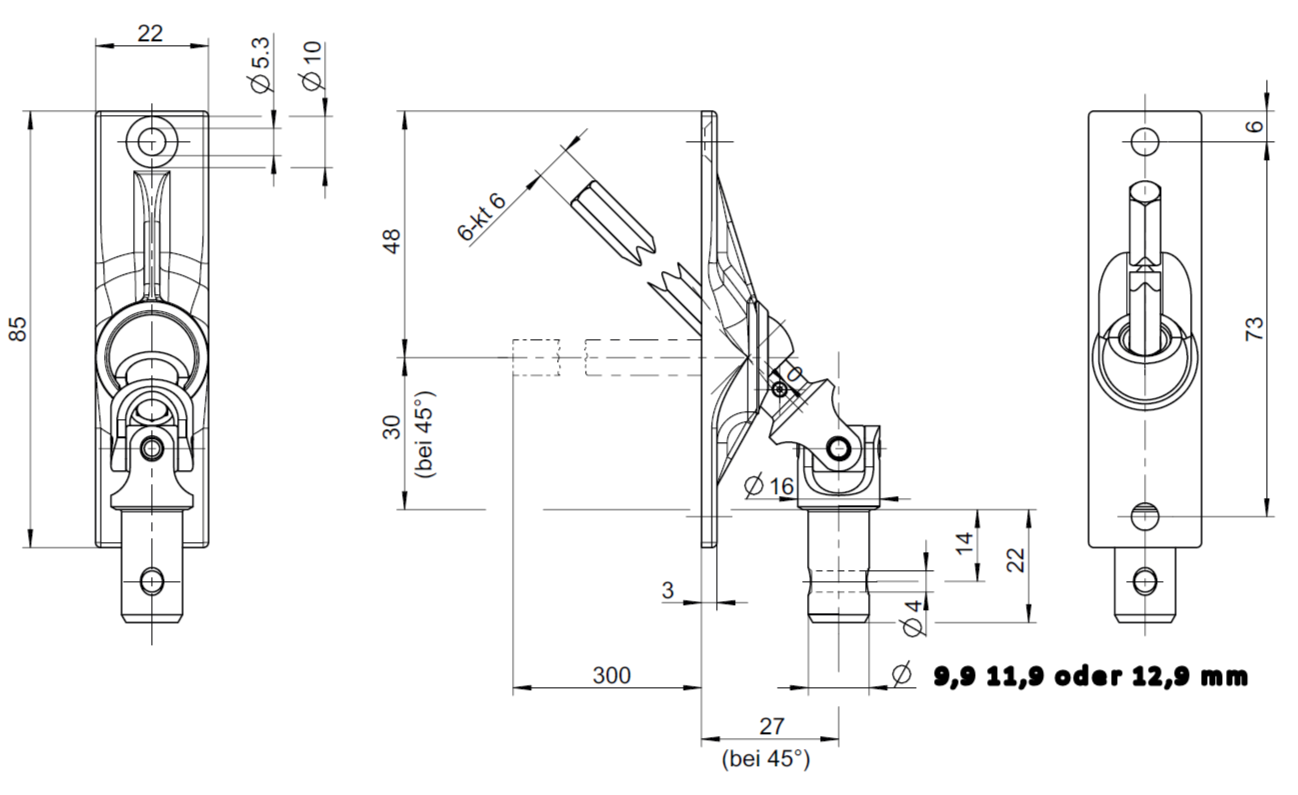 22x85mm 45 Grad Gelenklager 2 Loch-Ausführung